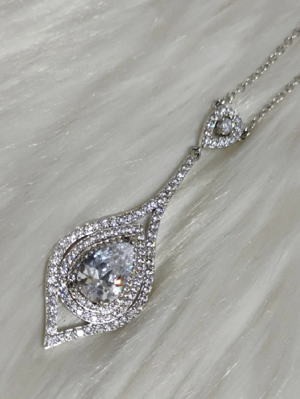 SALE! Fine Silver Plated Teardrop Sparkling CZ Diamond Statement Necklace - Picture 7 of 11